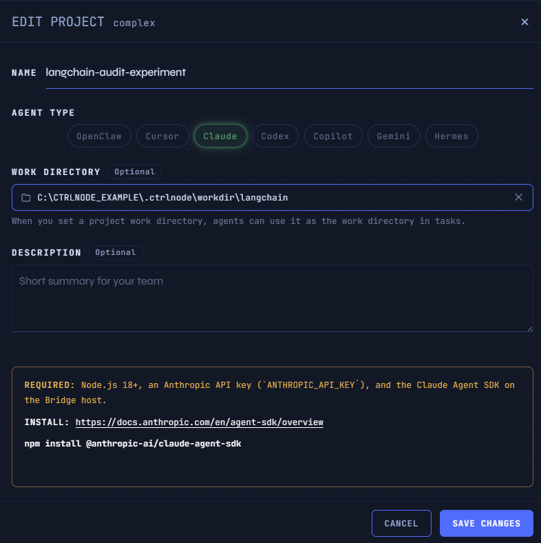 CTRL NODE project configured for the LangChain audit experiment