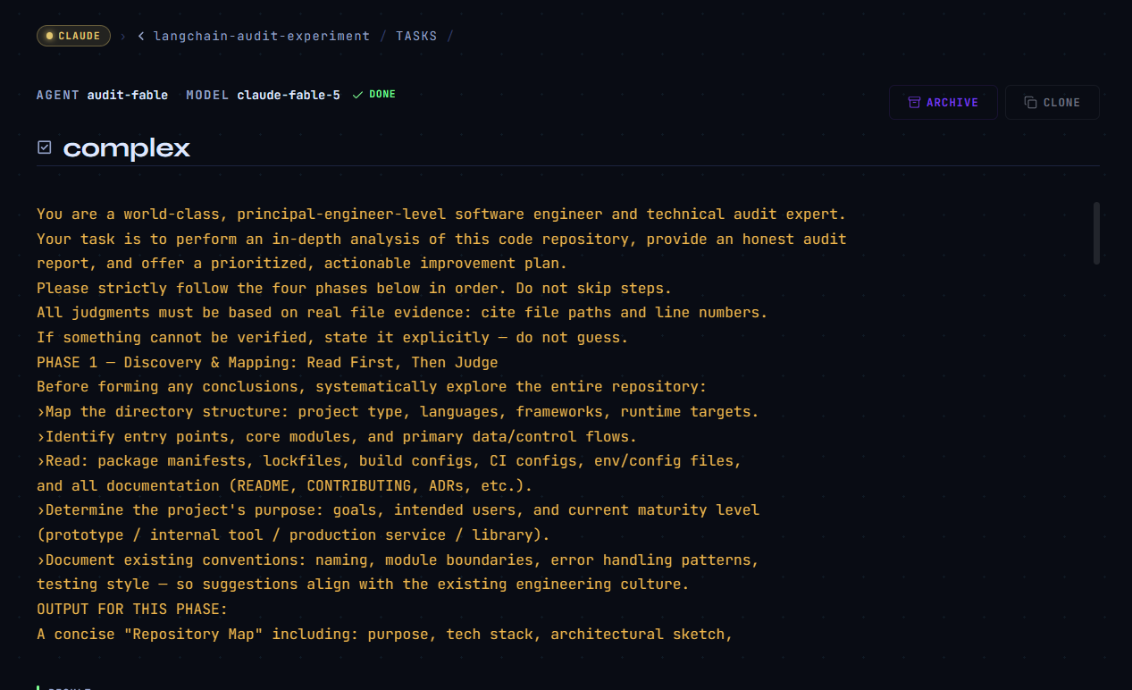 LangChain principal-engineer audit prompt in a CTRL NODE task