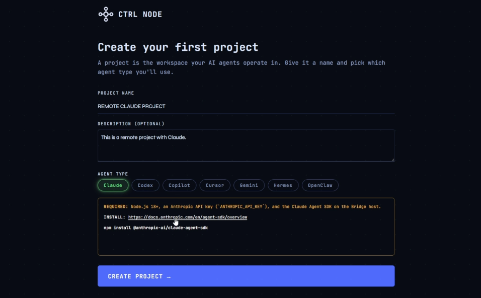 new project wizard, name + agent type selection