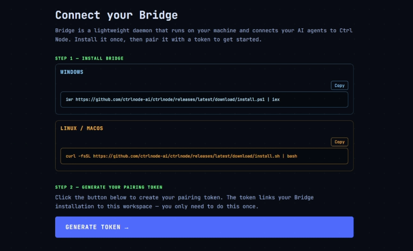 GENERATE TOKEN button and the generated pairing token