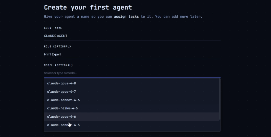 new agent form: name, role, model selector