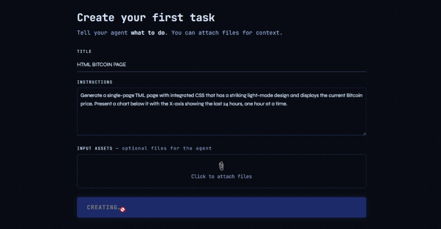 task creation form with the Bitcoin price prompt