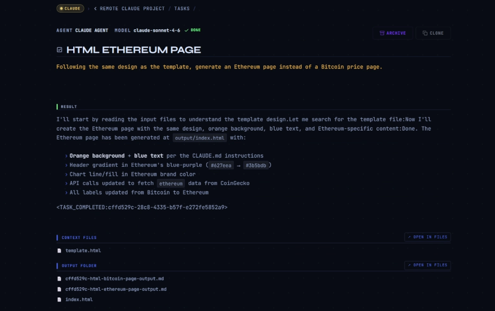new task referencing the previous output as a template, and the resulting Ethereum page